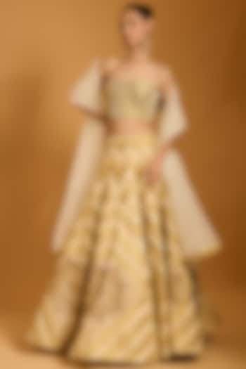 Beige & Gold Taffeta Embroidered Bridal Lehenga Set by Siddartha Tytler at Pernia's Pop Up Shop