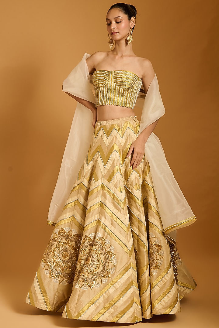 Beige & Gold Taffeta Embroidered Bridal Lehenga Set by Siddartha Tytler at Pernia's Pop Up Shop