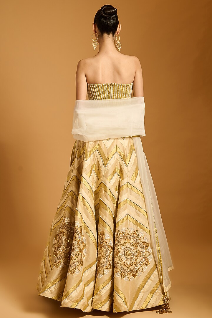 Beige & Gold Taffeta Embroidered Bridal Lehenga Set by Siddartha Tytler at Pernia's Pop Up Shop
