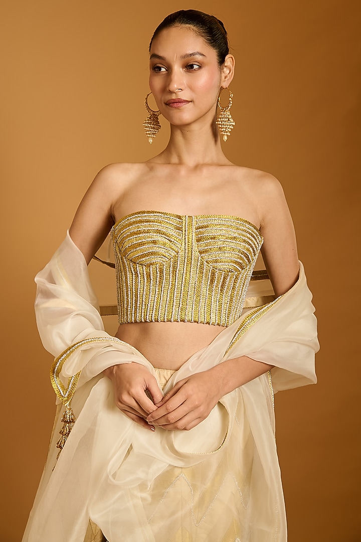 Beige & Gold Taffeta Embroidered Bridal Lehenga Set by Siddartha Tytler at Pernia's Pop Up Shop