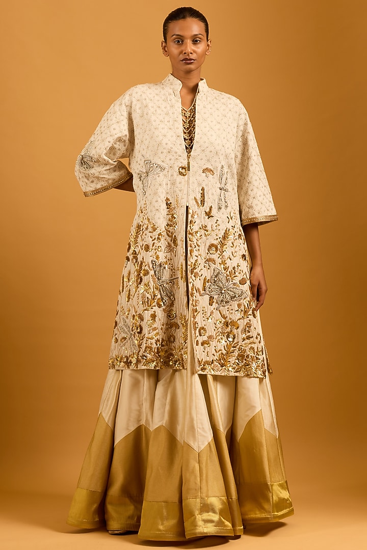 Ivory Matka Silk Embroidered Zipper Jacket by Siddartha Tytler at Pernia's Pop Up Shop