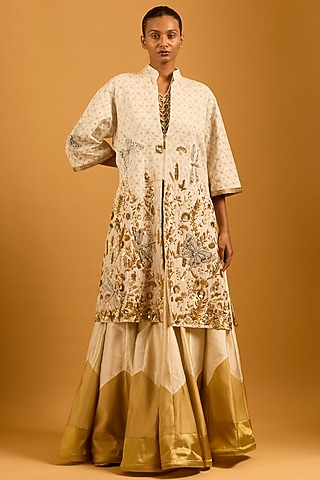 Ivory Matka Silk Embroidered Zipper Jacket by Siddartha Tytler