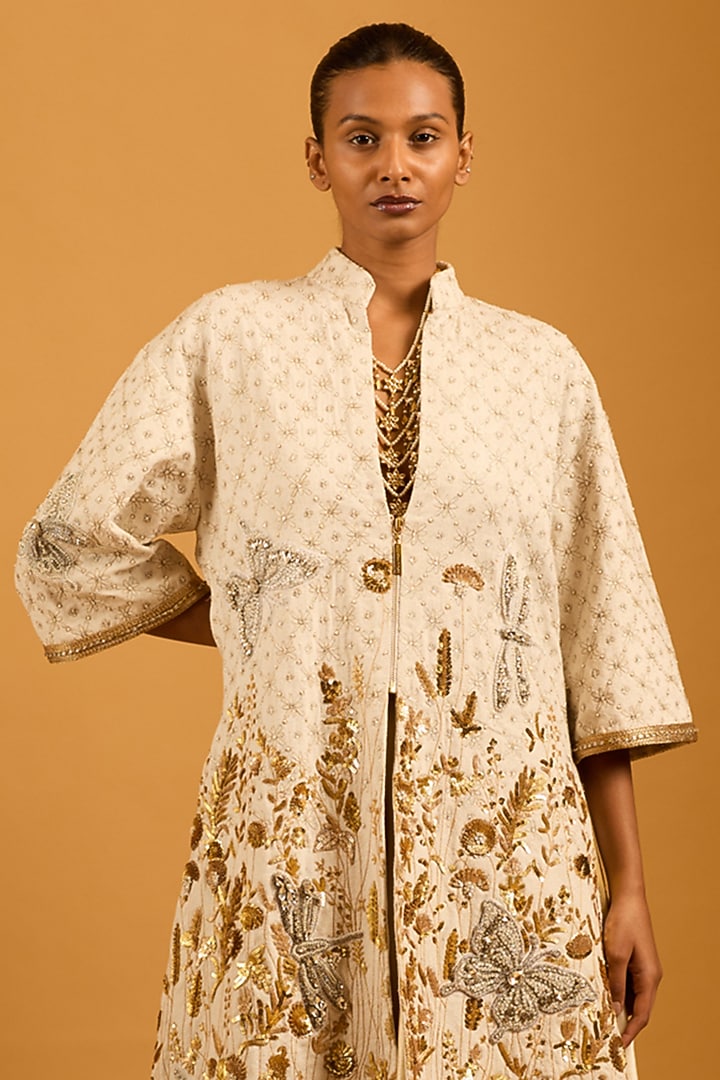 Ivory Matka Silk Embroidered Zipper Jacket by Siddartha Tytler at Pernia's Pop Up Shop