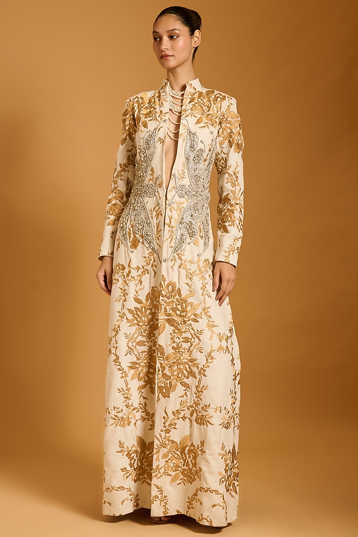 Ivory Matka Silk Zari Embroidered Long Jacket by Siddartha Tytler at Pernia's Pop Up Shop