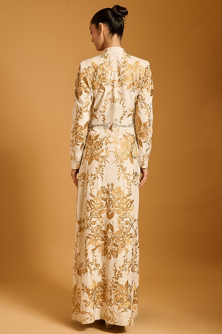 Ivory Matka Silk Zari Embroidered Long Jacket by Siddartha Tytler at Pernia's Pop Up Shop