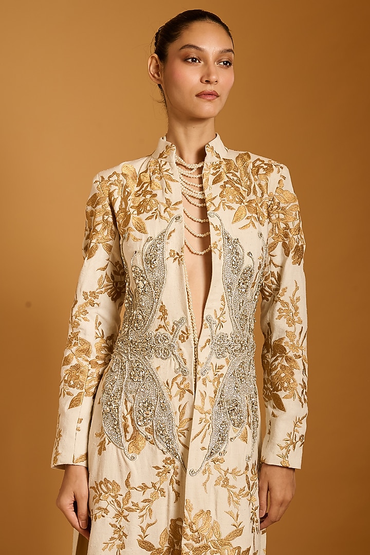 Ivory Matka Silk Zari Embroidered Long Jacket by Siddartha Tytler at Pernia's Pop Up Shop