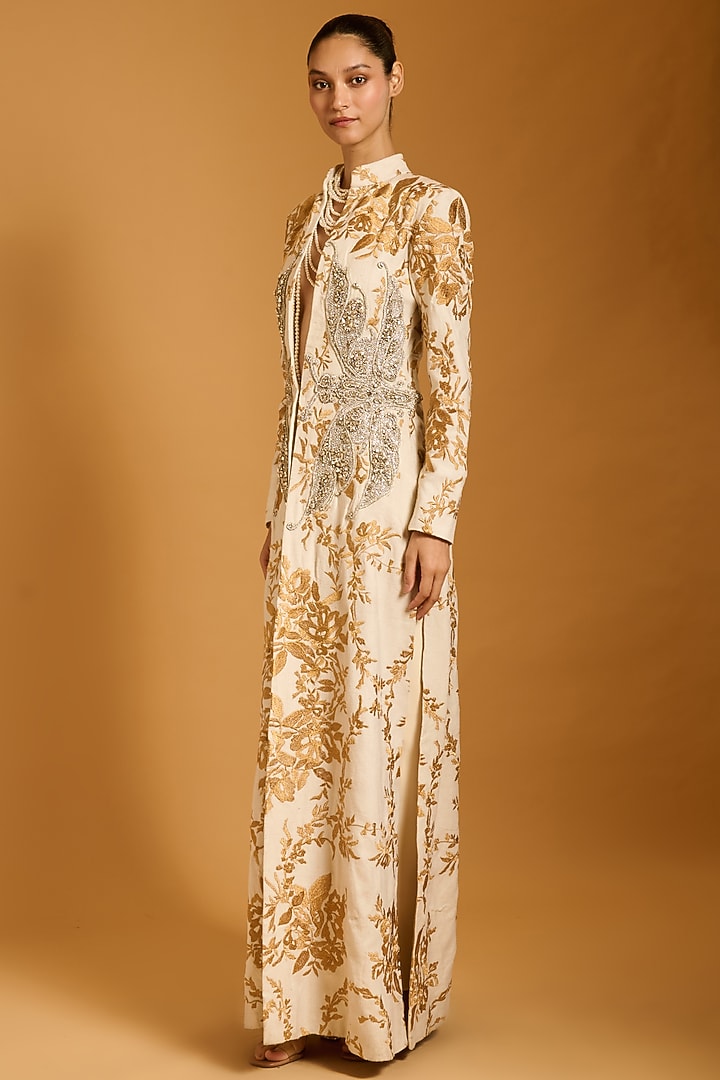 Ivory Matka Silk Zari Embroidered Long Jacket by Siddartha Tytler at Pernia's Pop Up Shop