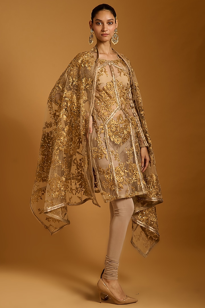 Gold Net Zari & Crystal Embroidered Kurta Set by Siddartha Tytler at Pernia's Pop Up Shop