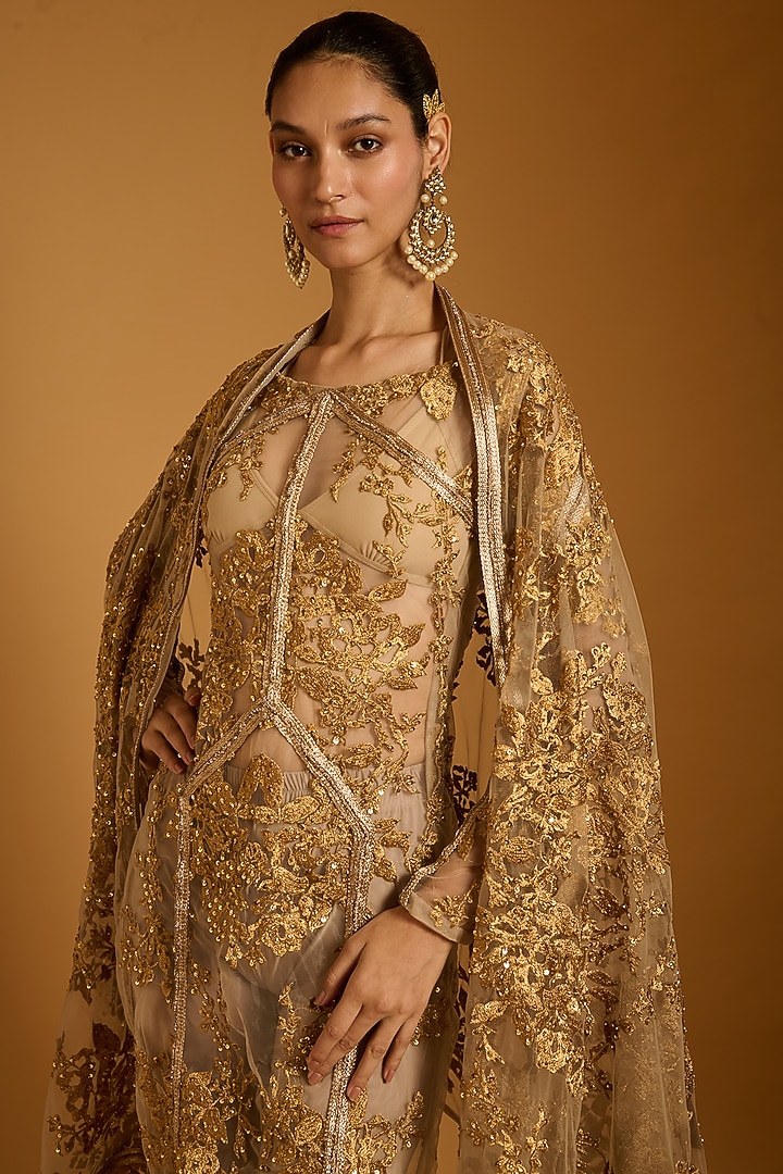 Gold Net Zari & Crystal Embroidered Kurta Set by Siddartha Tytler at Pernia's Pop Up Shop
