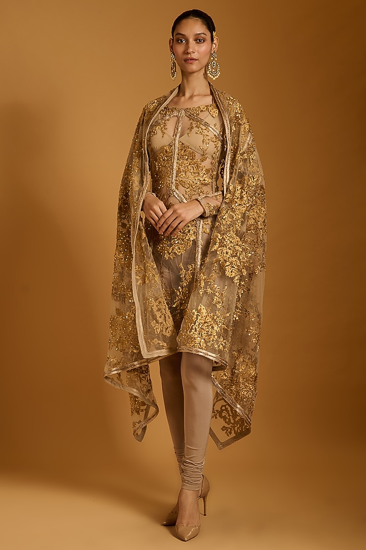 Gold Net Zari & Crystal Embroidered Kurta Set by Siddartha Tytler at Pernia's Pop Up Shop