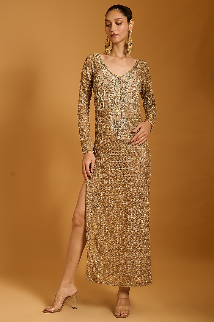 Gold Net Embroidered Kaftan Party Wear Dress by Siddartha Tytler at Pernia's Pop Up Shop