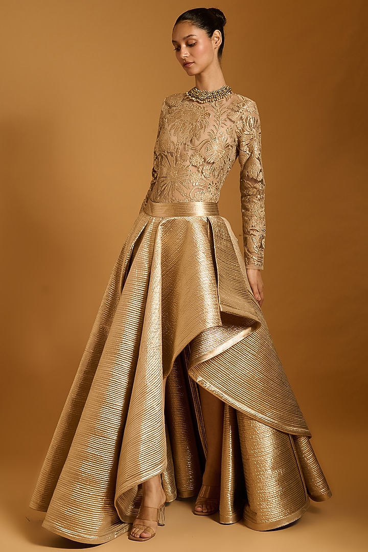 Gold Lamme Quilted Asymmetrical Skirt by Siddartha Tytler at Pernia's Pop Up Shop