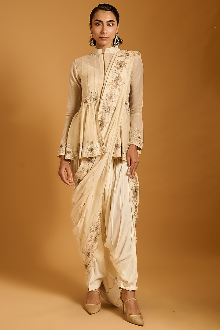 Ivory Chanderi Zari Embroidered Short Bridal Anarkali Set by Siddartha Tytler at Pernia's Pop Up Shop