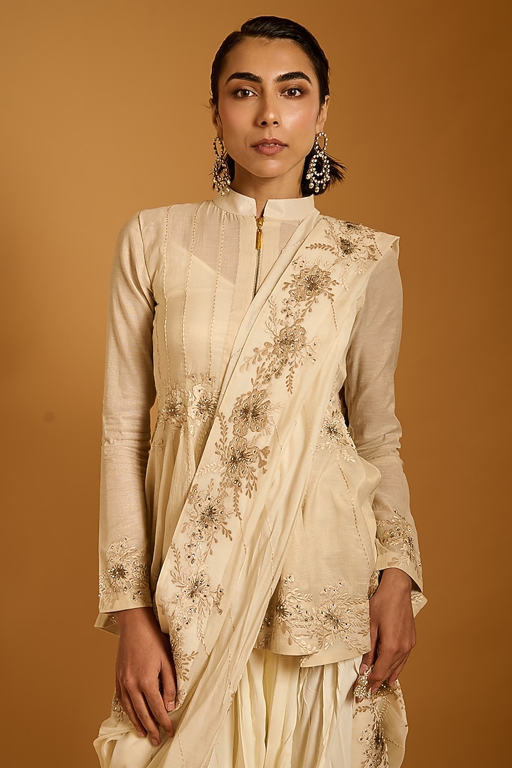 Ivory Chanderi Zari Embroidered Short Bridal Anarkali Set by Siddartha Tytler at Pernia's Pop Up Shop