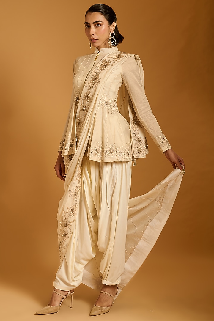 Ivory Chanderi Zari Embroidered Short Bridal Anarkali Set by Siddartha Tytler at Pernia's Pop Up Shop