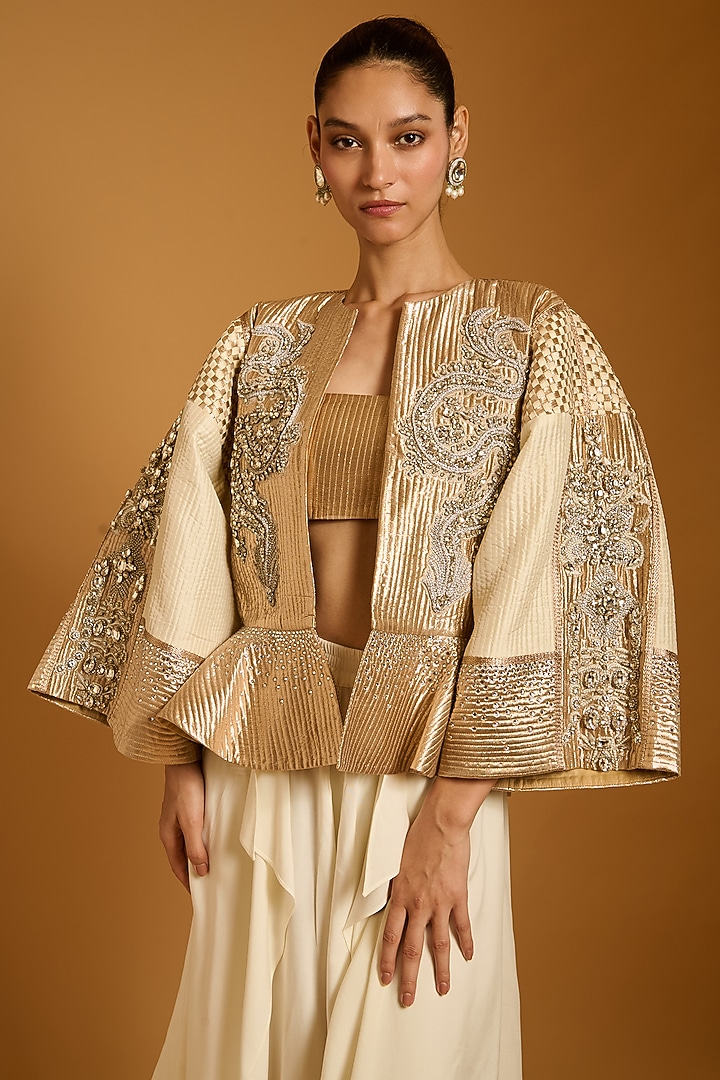 Gold & Ivory Taffeta Peplum Jacket With Bustier by Siddartha Tytler at Pernia's Pop Up Shop