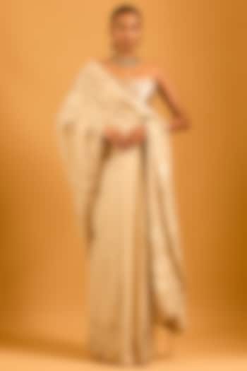 Beige Chanderi Floral Sequins Work Reception Saree Set by Siddartha Tytler at Pernia's Pop Up Shop