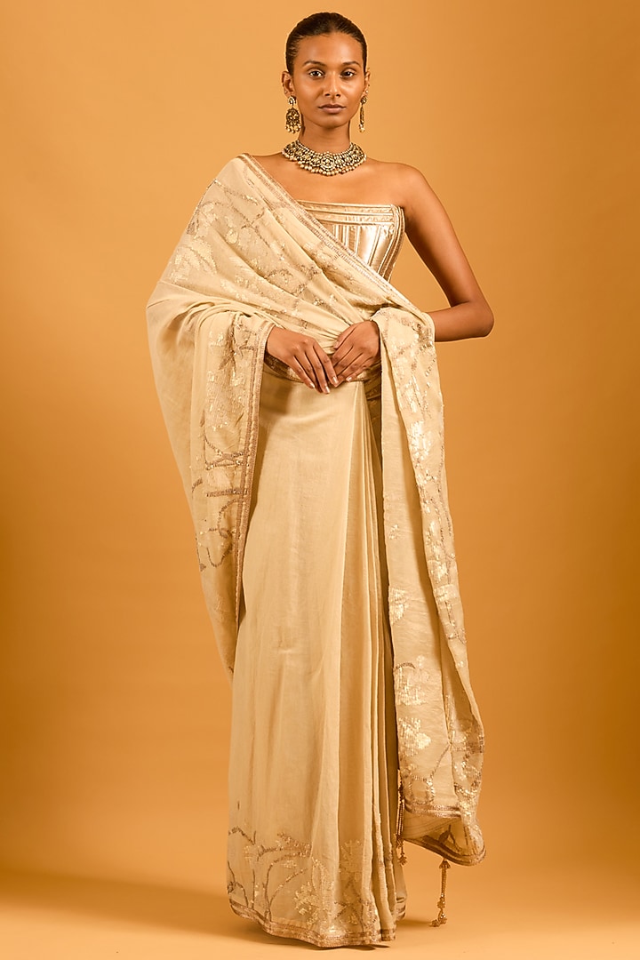 Beige Chanderi Floral Sequins Work Reception Saree Set by Siddartha Tytler at Pernia's Pop Up Shop