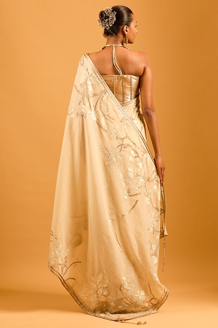 Beige Chanderi Floral Sequins Work Reception Saree Set by Siddartha Tytler at Pernia's Pop Up Shop