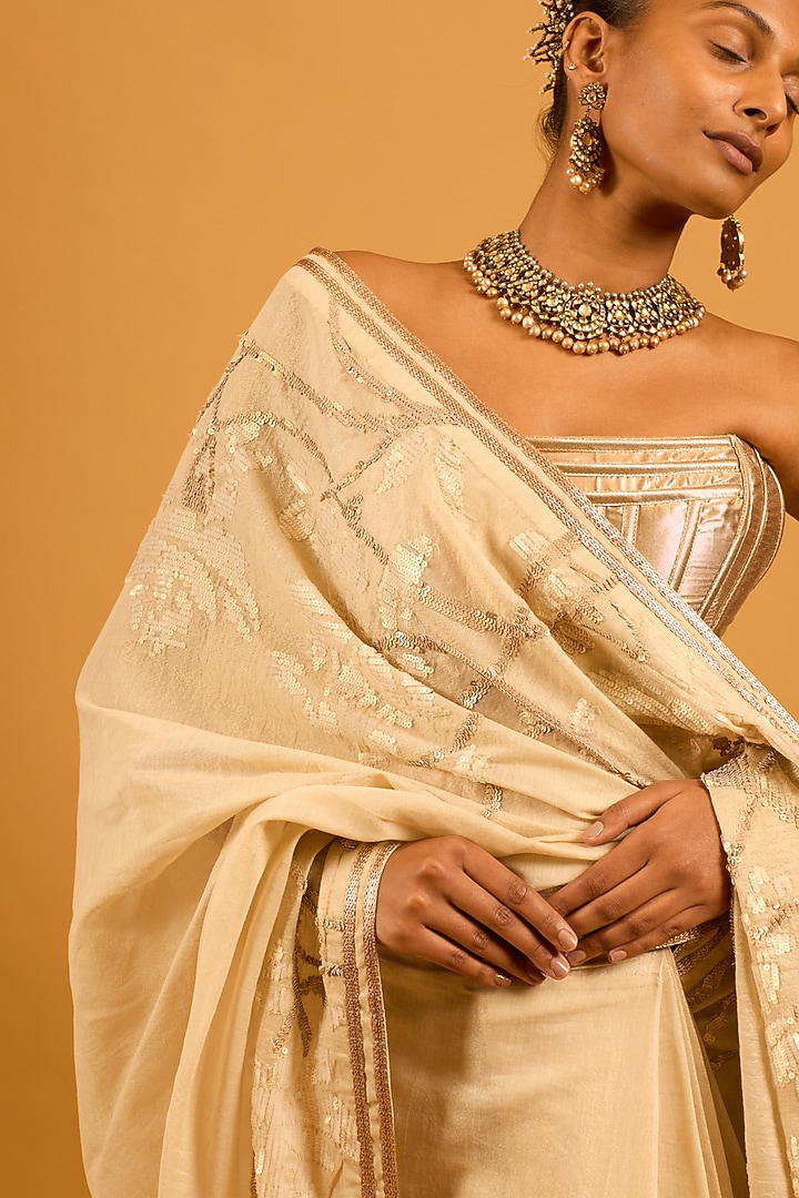 Beige Chanderi Floral Sequins Work Reception Saree Set by Siddartha Tytler at Pernia's Pop Up Shop