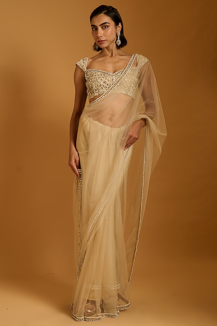 Beige Net Reception Saree Set by Siddartha Tytler at Pernia's Pop Up Shop