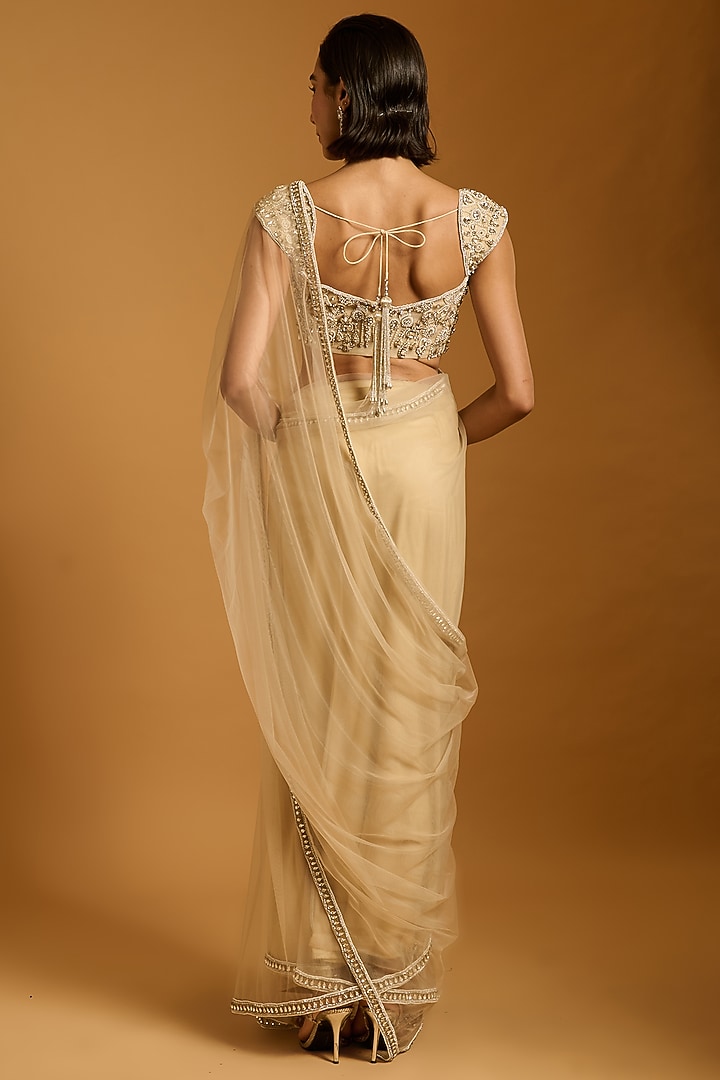 Beige Net Reception Saree Set by Siddartha Tytler at Pernia's Pop Up Shop