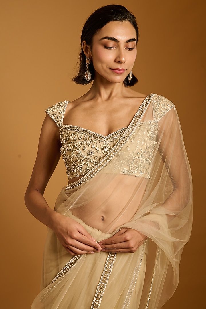 Beige Net Reception Saree Set by Siddartha Tytler at Pernia's Pop Up Shop