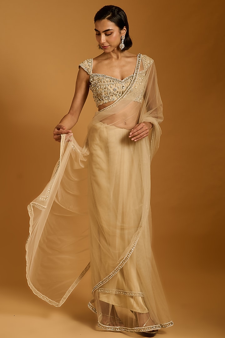 Beige Net Reception Saree Set by Siddartha Tytler at Pernia's Pop Up Shop