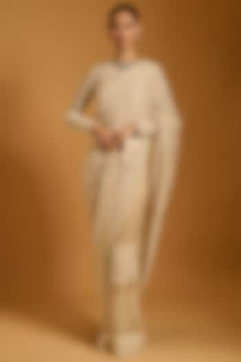 Ivory Net Embroidered Paneled Bridal Saree Set by Siddartha Tytler at Pernia's Pop Up Shop