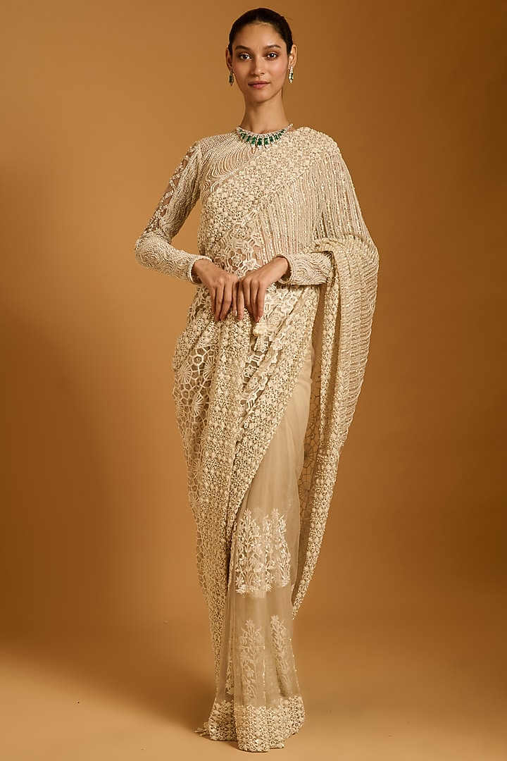 Ivory Net Embroidered Paneled Bridal Saree Set by Siddartha Tytler at Pernia's Pop Up Shop