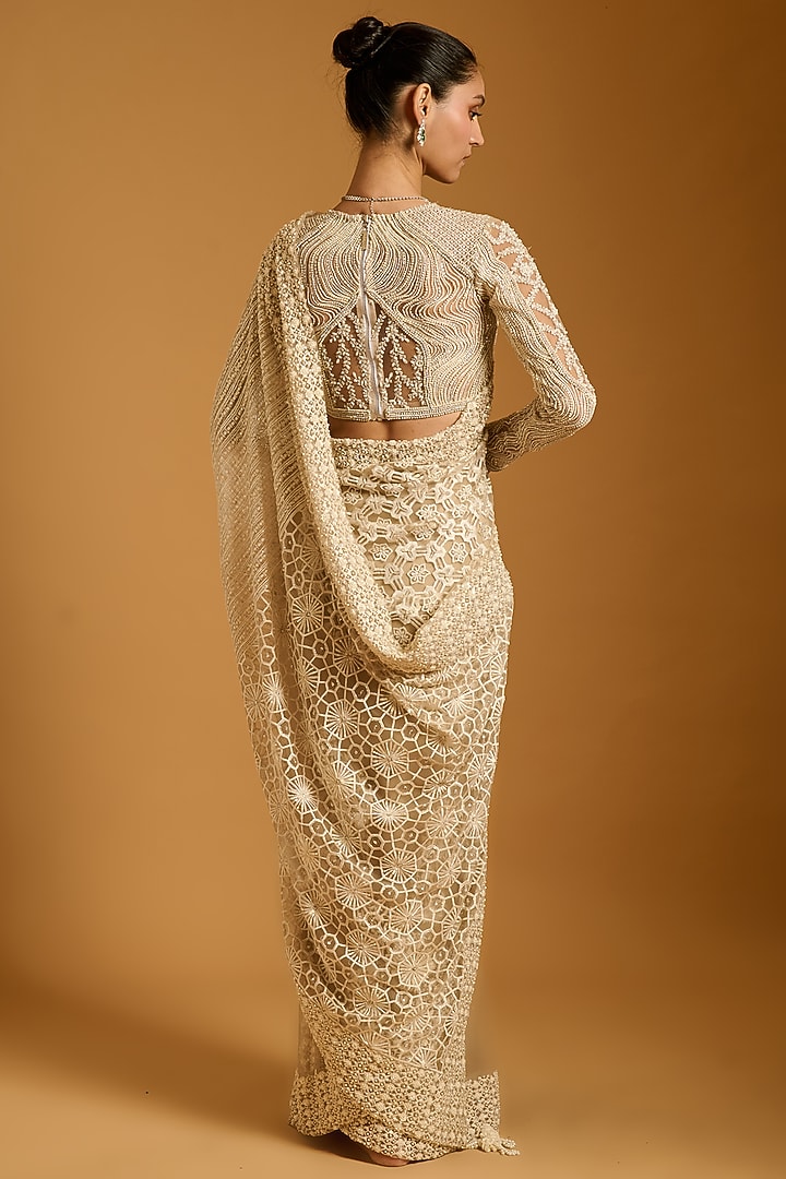 Ivory Net Embroidered Paneled Bridal Saree Set by Siddartha Tytler at Pernia's Pop Up Shop
