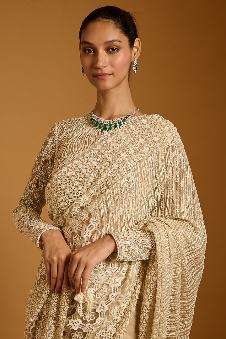 Ivory Net Embroidered Paneled Bridal Saree Set by Siddartha Tytler at Pernia's Pop Up Shop