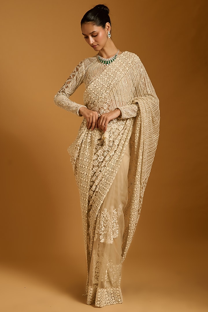 Ivory Net Embroidered Paneled Bridal Saree Set by Siddartha Tytler at Pernia's Pop Up Shop