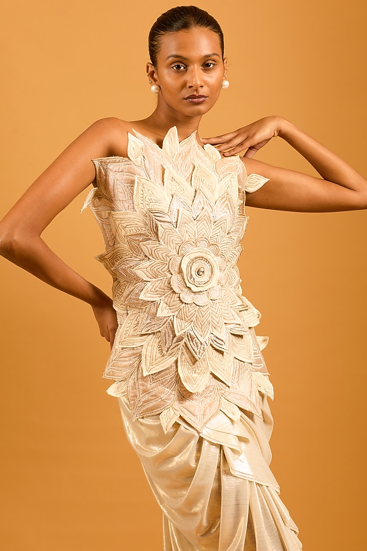 Ivory & Gold Lamme Floral Quilted Corset by Siddartha Tytler at Pernia's Pop Up Shop