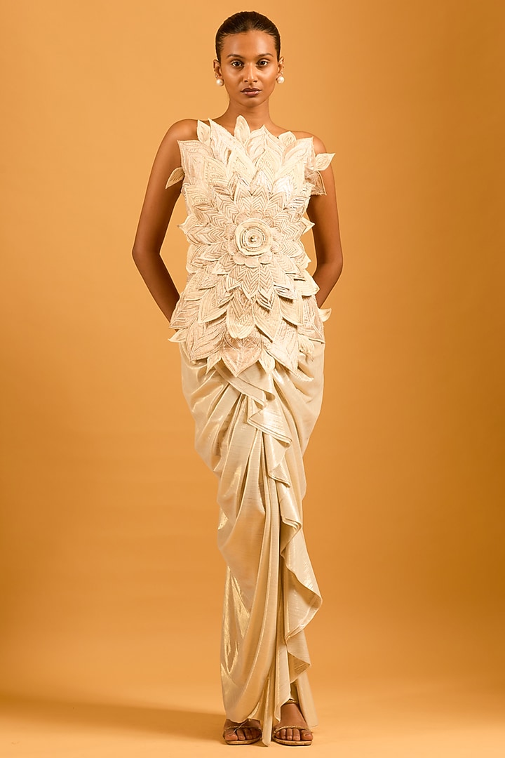 Gold Liquid Spandex Draped Skirt by Siddartha Tytler at Pernia's Pop Up Shop