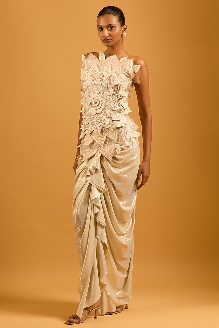 Gold Liquid Spandex Draped Skirt by Siddartha Tytler at Pernia's Pop Up Shop