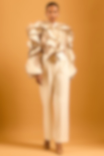 Ivory Silk Organza Pleated Ruffled Shirt by Siddartha Tytler at Pernia's Pop Up Shop