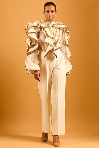 Ivory Silk Organza Pleated Ruffled Shirt by Siddartha Tytler