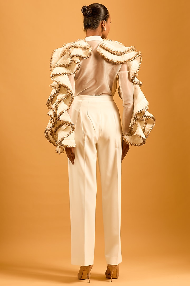 Ivory Silk Organza Pleated Ruffled Shirt by Siddartha Tytler at Pernia's Pop Up Shop