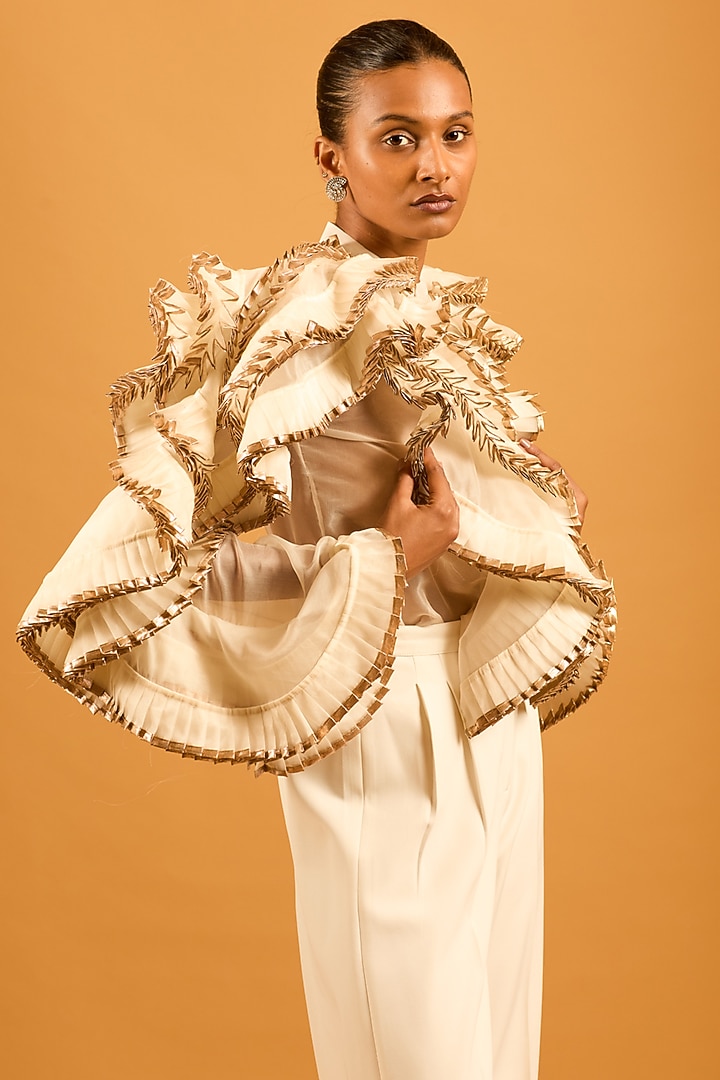 Ivory Silk Organza Pleated Ruffled Shirt by Siddartha Tytler at Pernia's Pop Up Shop