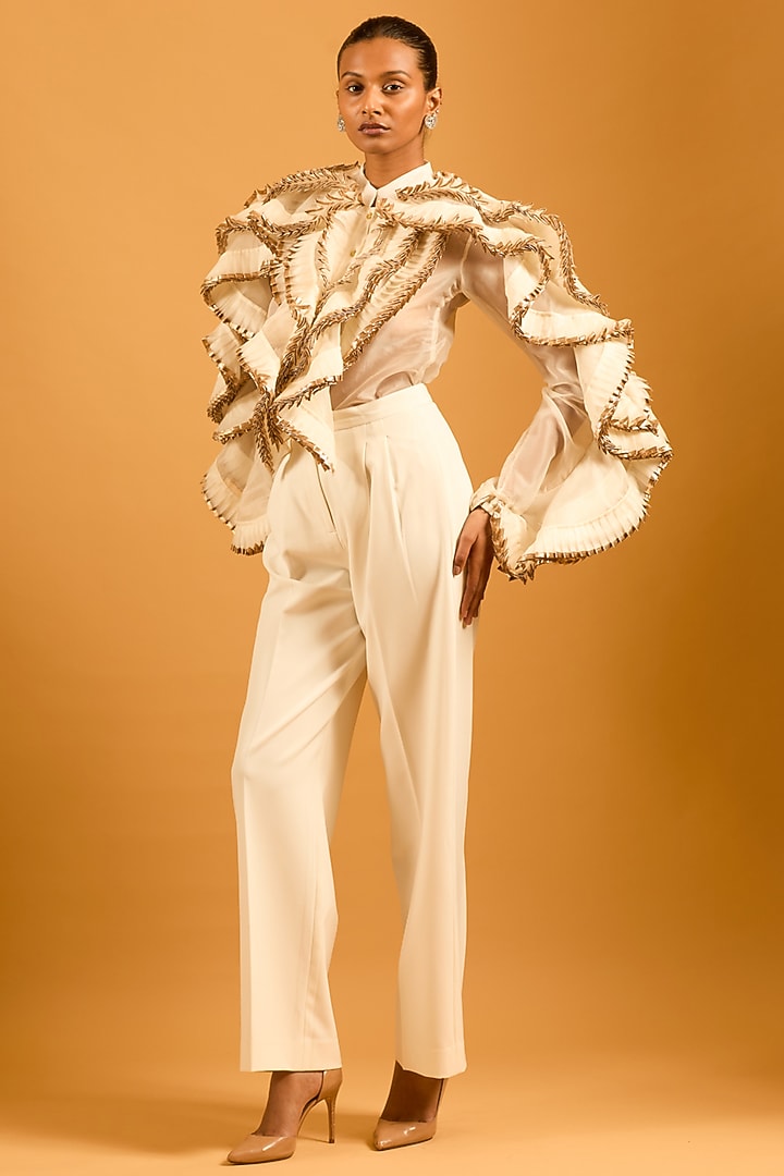 Ivory Silk Organza Pleated Ruffled Shirt by Siddartha Tytler at Pernia's Pop Up Shop