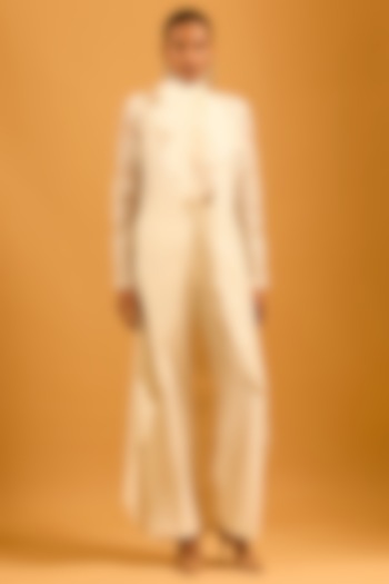 Ivory Silk Organza Thread Work High-Low Jacket by Siddartha Tytler at Pernia's Pop Up Shop