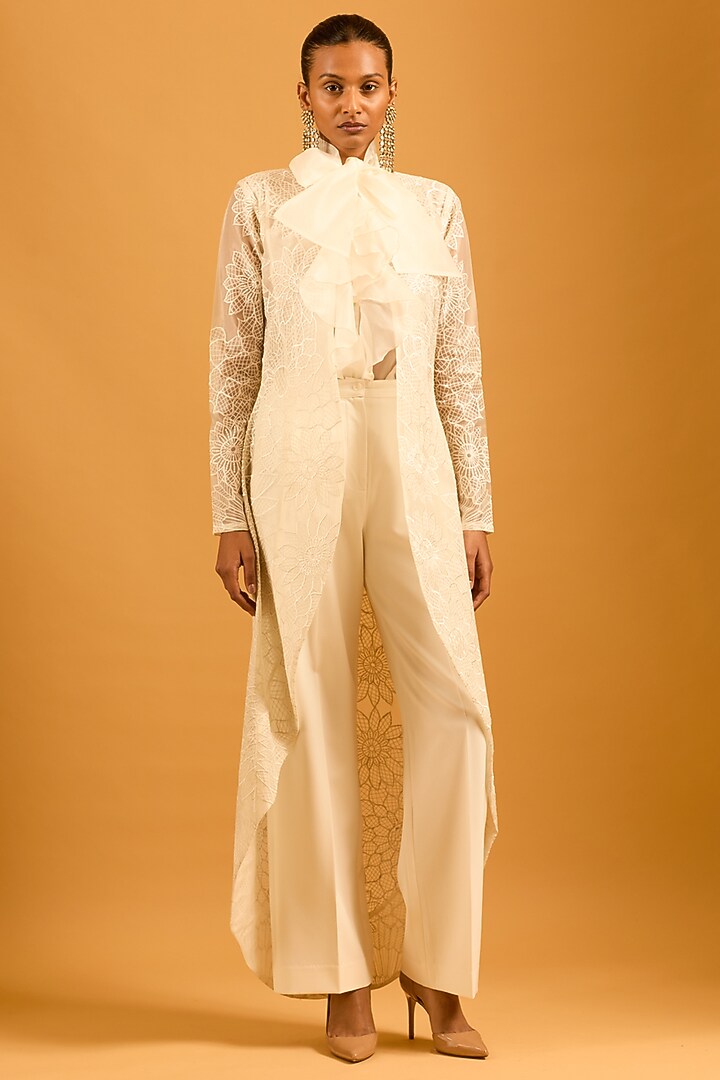 Ivory Silk Organza Thread Work High-Low Jacket by Siddartha Tytler at Pernia's Pop Up Shop