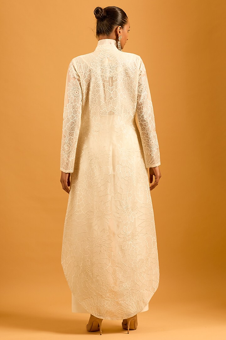 Ivory Silk Organza Thread Work High-Low Jacket by Siddartha Tytler at Pernia's Pop Up Shop