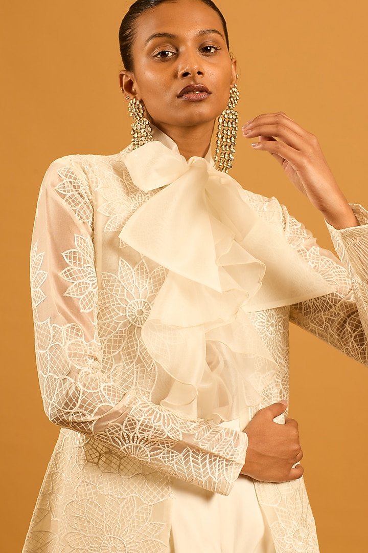 Ivory Silk Organza Thread Work High-Low Jacket by Siddartha Tytler at Pernia's Pop Up Shop