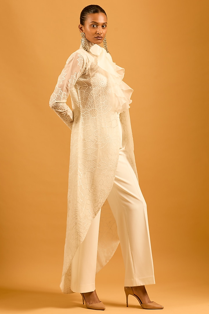 Ivory Silk Organza Thread Work High-Low Jacket by Siddartha Tytler at Pernia's Pop Up Shop