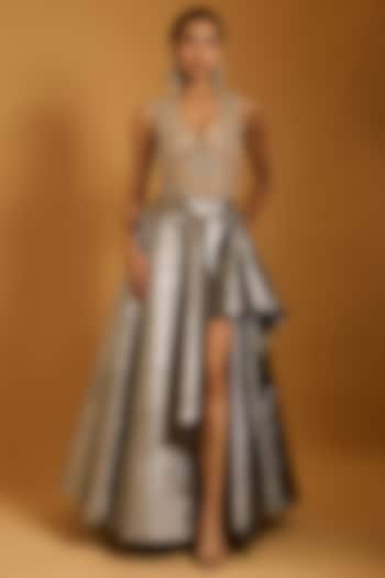 Gunmetal Color Lamme Asymmetrical Quilted Skirt by Siddartha Tytler at Pernia's Pop Up Shop