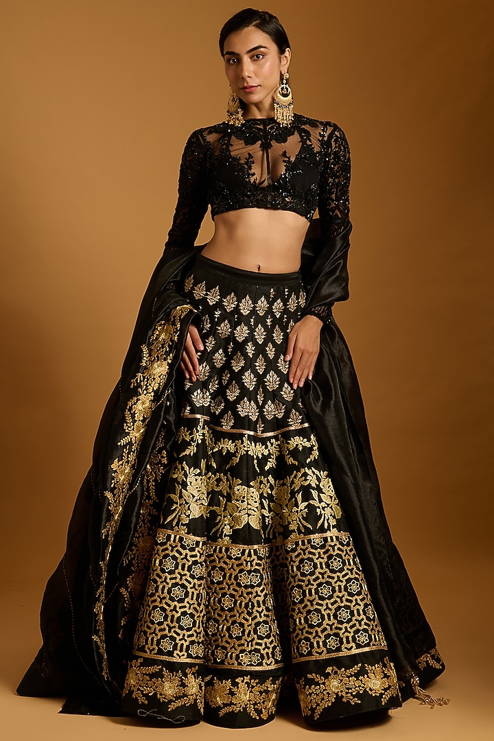 Black Raw Silk Zari Embroidered Bridal Lehenga Set by Siddartha Tytler at Pernia's Pop Up Shop