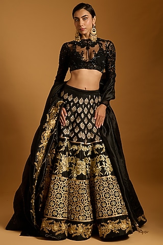 Black Raw Silk Zari Embroidered Lehenga Set by Siddartha Tytler