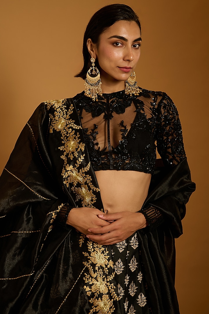 Black Raw Silk Zari Embroidered Bridal Lehenga Set by Siddartha Tytler at Pernia's Pop Up Shop